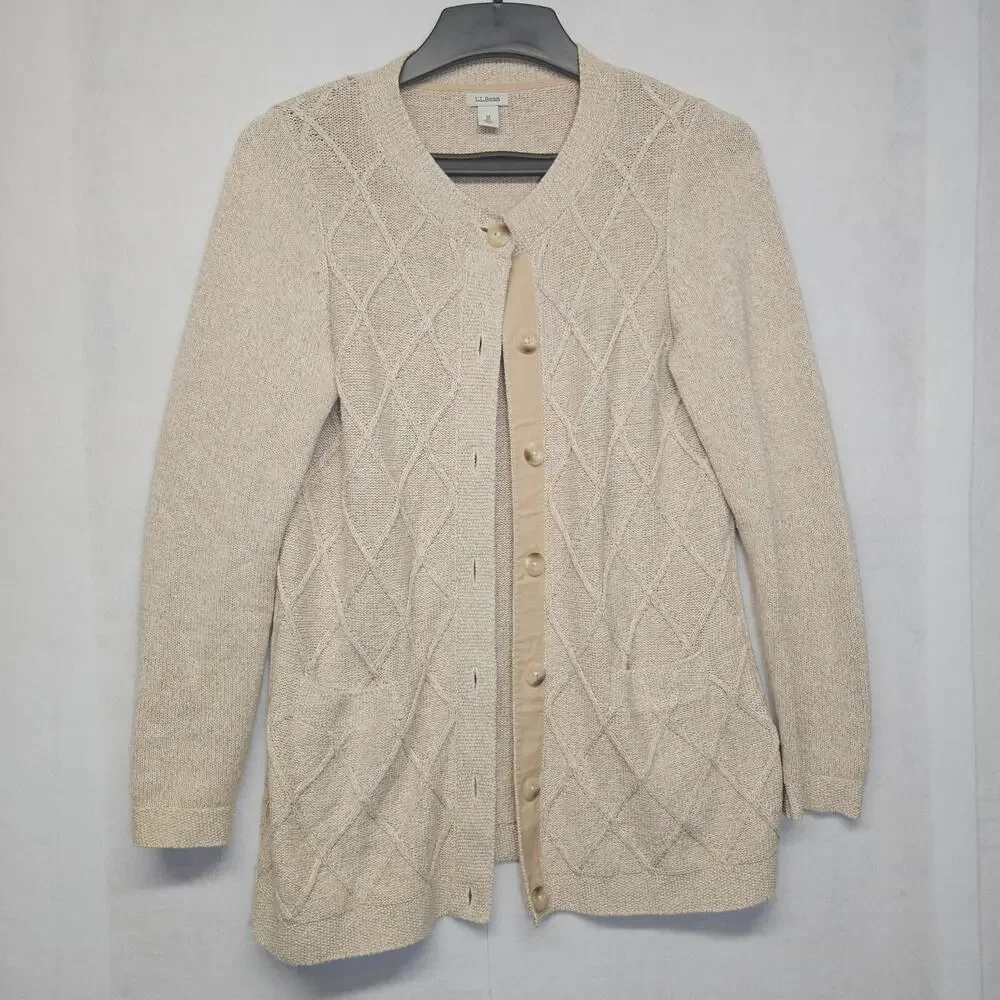 L.L. Bean Button Front Cardigan Sweater Size Medium Oatmeal Beige Cotton